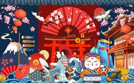 国潮招财猫樱花工装背景墙图片