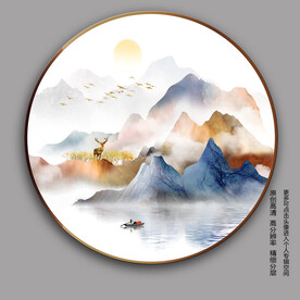 新中式意境山水麋鹿圆形装饰画