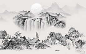 中式水墨山水瀑布国画电视背景墙