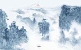 中式青绿山水国画电视背景墙