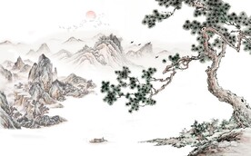 水墨松鹤延年国画电视背景墙