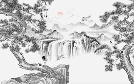 水墨松鹤延年国画电视背景墙