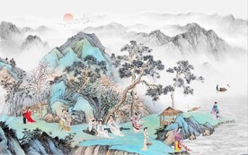 中式山水仕女风景国画电视背景墙