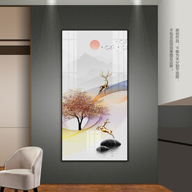 新中式客厅玄关装饰画远山麋鹿图