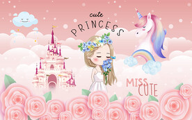 卡通公主粉色儿童房背景墙