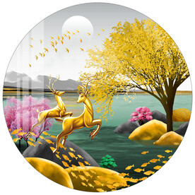 金色发财树麋鹿圆形装饰画