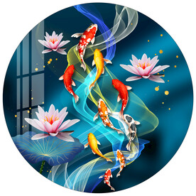 轻奢荷花九鱼图时尚圆形装饰画