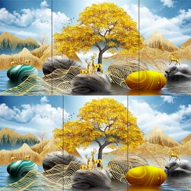 麋鹿金山发财树三联画