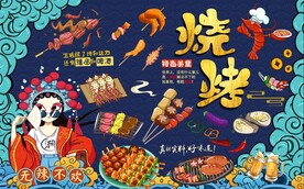 国潮烧烤美食工装背景墙图片