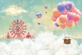 卡通热气球白云背景墙壁画