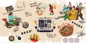 三国撸串烧烤餐饮背景墙壁画