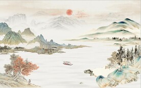 中式青绿山水国画电视背景墙