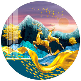 金色飘带轻奢麋鹿圆形装饰画