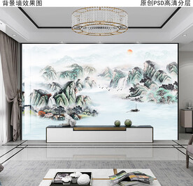 新中式山水画背景墙 