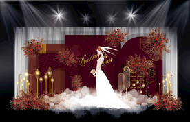 酒红色婚礼迎宾区
