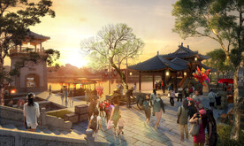 古建商业黄昏效果图