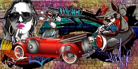 街头汽车美女涂鸦餐饮酒吧背景墙