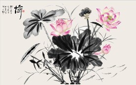 新中式水墨荷花国画电视背景墙