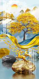 金色飘带轻奢麋鹿玄关背景墙