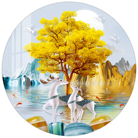 金色发财树麋鹿山水装饰画