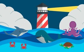 卡通灯塔海洋动物壁画