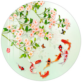 中式九鱼图花卉圆形装饰画