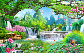 流水生财大树风景背景墙