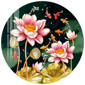荷花九鱼图圆形装饰画晶瓷画