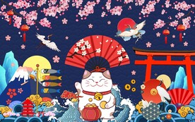 国潮樱花招财猫工装背景墙图片