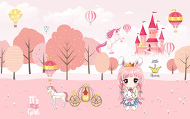 可爱公主城堡马车儿童房背景墙