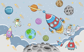 卡通太空宇航员儿童房背景墙