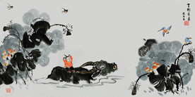 国画荷塘放牛娃