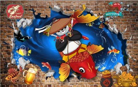 复古怀旧熊猫鱼坊餐饮背景墙