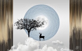 新中式抽象麋鹿山水背景墙