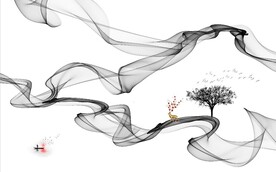 新中式抽象水墨麋鹿山水背景墙