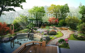 欧式庭院水池景石花境