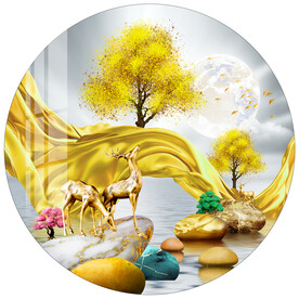 金色飘带发财树麋鹿圆形装饰画