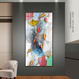 九鱼图客厅玄关装饰画挂画晶瓷画