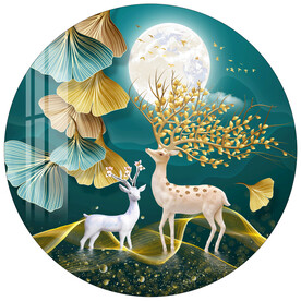 轻奢线条银杏叶麋鹿圆形装饰画