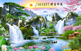 流水生财瀑布风景背景墙