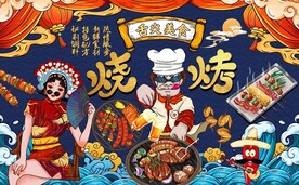 国潮烧烤背景墙图片
