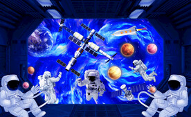 卡通宇航员儿童房背景墙