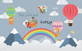 卡通小动物彩虹儿童房背景墙