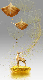 晶瓷画线条抽象画玄关杏叶麋鹿