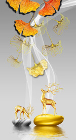 晶瓷画线条抽象画石头杏叶麋鹿