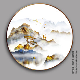 抽象山峰麋鹿迎客松山水装饰画