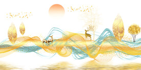 晶瓷画线条抽象画麋鹿树叶子