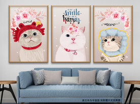 可爱卡通手绘猫咪花朵无框画