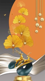 新中式银杏叶发财鹿玄关画