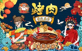 国潮美味烤肉美女工装背景墙图片